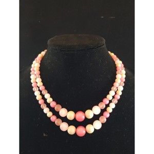 Vintage Double Strand Pink, White Round Beads Chocker Necklace, Adjustable Clasp